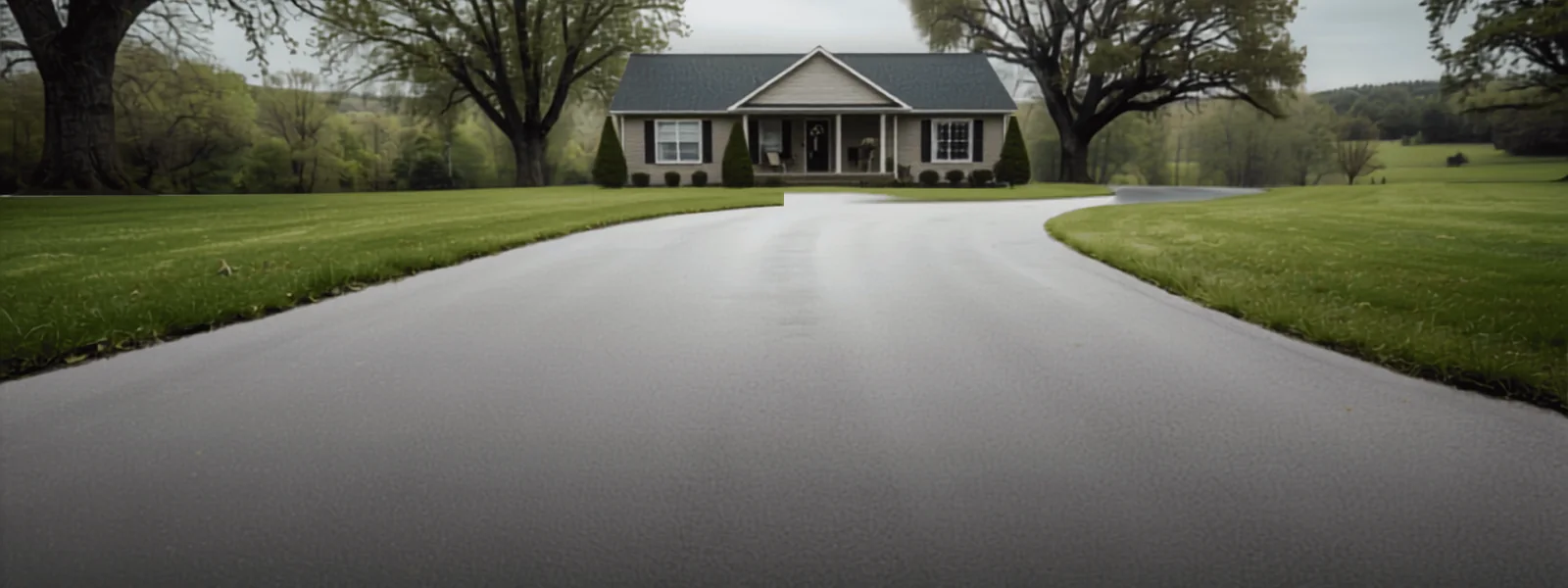 Asphalt driveway curving up to a single-story house with mown lawn and oak trees under an overcast sky